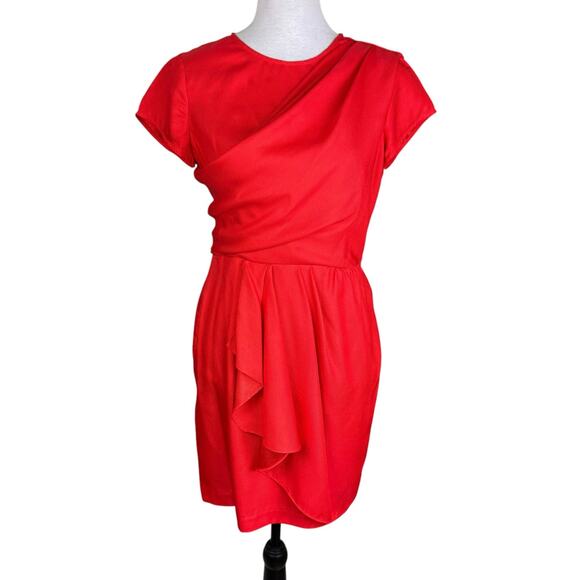 Julie Dillon Red Orange Textured Satin Crossover Sash Short Sleeve Sheath Dress - Picture 1 of 11